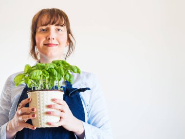 Genç kadın evde taze fesleğen yetiştiriyor.