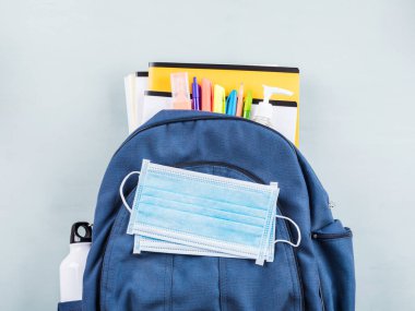 Yeni okul takımı. Yüz maskesi, dezenfektan.