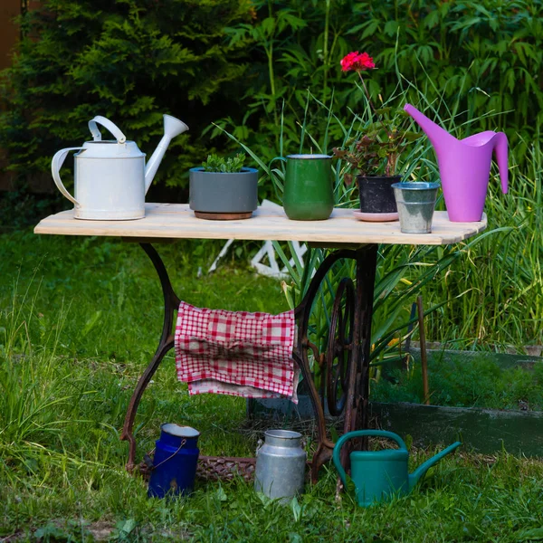 Old sewing machine as element of garden decoration