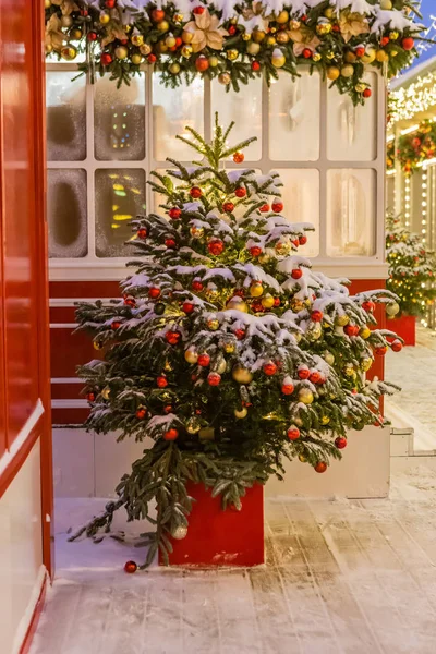 Işıklı ve dekore edilmiş Noel ağacına şehir sokakları