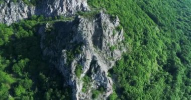 Yeşil ağaçlarla çevrili, çıplak kayalarla dolu bir dağın kuş bakışı görüntüsünden uçan bir dron.