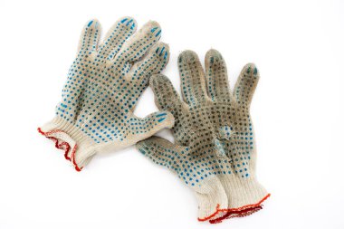 Beyaz arka planda giyilmiş eldivenler.