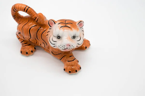 Porcelain Figurine Tiger Isolated White Background — Stock Photo, Image