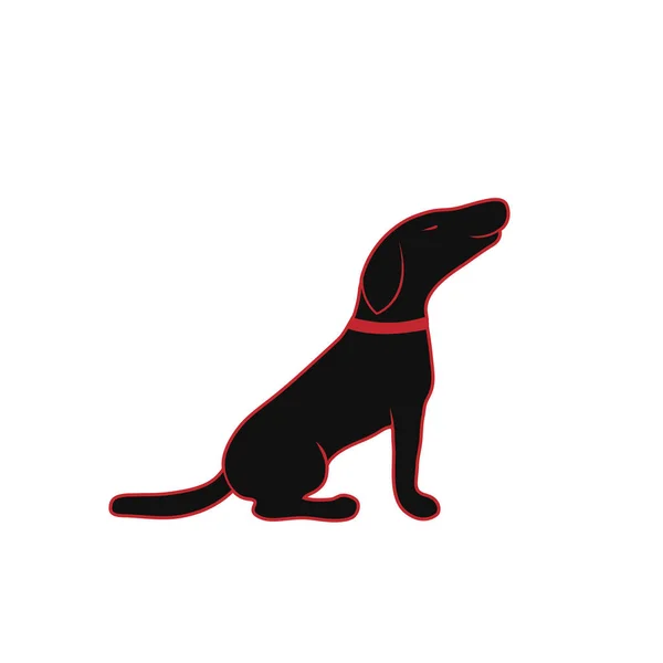 その足の上に座って 赤の輪郭とシルエットの黒犬 犬のロゴ ベクトル図 — ストックベクタ
