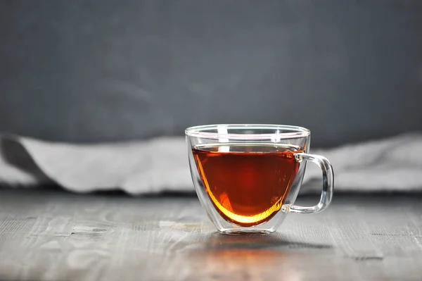 Morning Black Tea Transparent Mug Dark Wooden Background Negative Space — Stock Photo, Image
