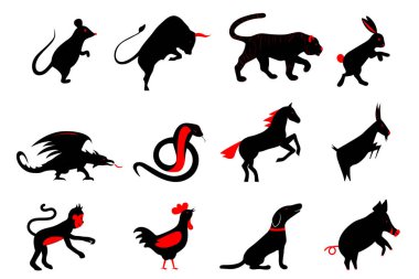 on iki Çince yıl ay burç burç sembolleri. Zodiac Çin ayarlayın. Siluet hayvan vektör çizim. Beyaz arka plan üzerinde izole kırmızı ve siyah renk işareti