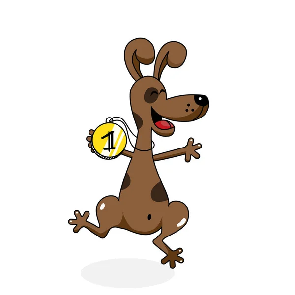 Смешной Счастливый Коричневый Пес Прыгает Медалью Первого Места Характеристика Мультфильма — стоковый вектор