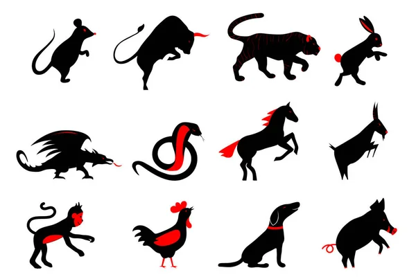 Chinesiske Horoskopsymboler Måneskinn Zodiac Porselenet Innstilt Illustrasjon Silhuettdyr Rød Svart – stockvektor