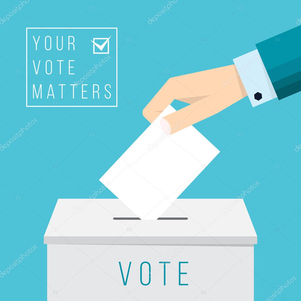 Business hand putting a ballot in a ballot box. Vote concept flat drawn style vector design illustration