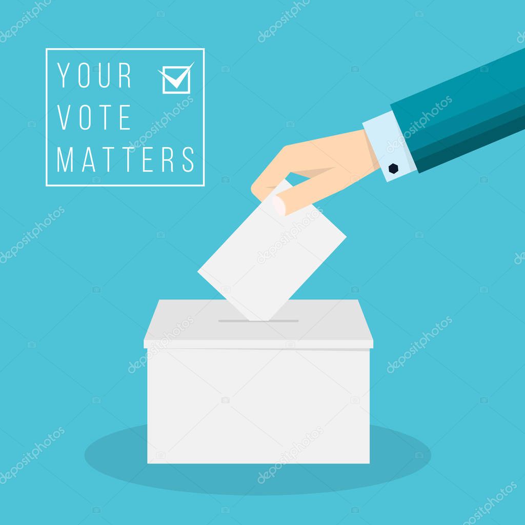 Business hand putting a ballot in a ballot box. Vote concept flat drawn style vector design illustration