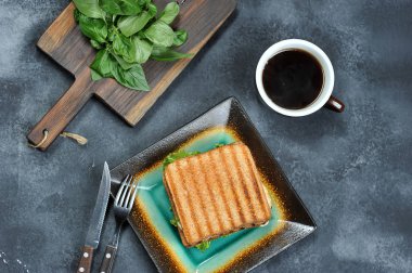 karanlık bir arka plan - üstten görünüm düz katman üzerinde bir tabakta tavuk göğsü ile kare sandviç