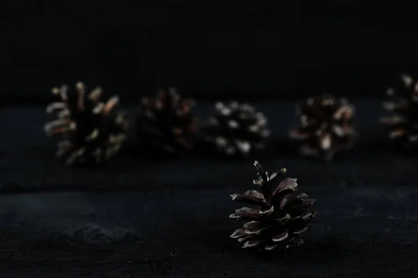 pine cones on black wooden background - abstract