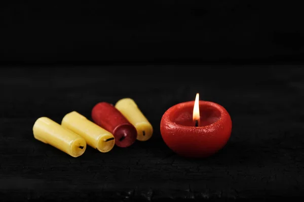 Colorfull Cinder Candles Black Wooden Rustic Background Place Text — Stock Photo, Image