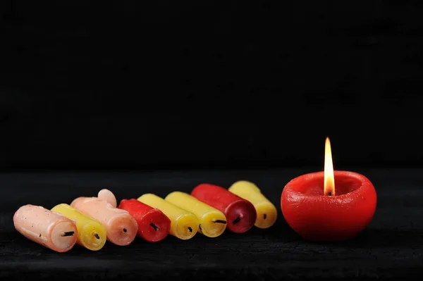 Colorfull Cinder Candles Black Wooden Rustic Background Place Text — Stock Photo, Image