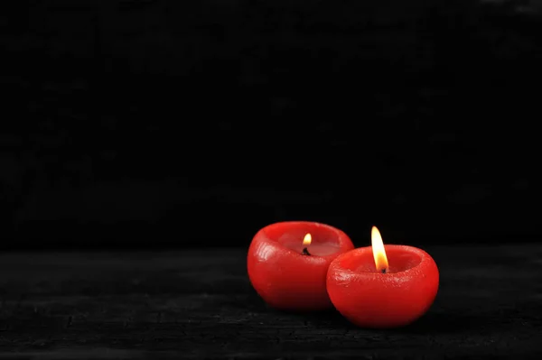 Two Red Candles Lit Fire Black Background Empty Space Text — Stock Photo, Image