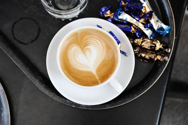 Foam Cappuccino Form Heart Top View Cup Coffee Saucer — Stock Photo, Image