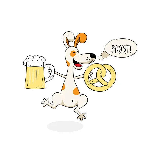 Lustiges Hundespringen Zur Freude Mit Bier Und Brezel Oktoberfest Symbol — Stockvektor