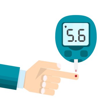 Diyabet testi kavramı, mans el ve şeker ölçüm kan şeker seviyesini ölçer. Tıbbi kan tanılama damla test şeridi. Vektör çizim düz stil tasarımı.