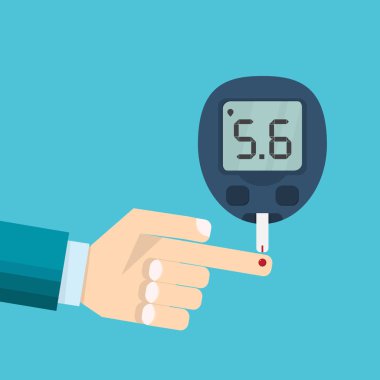 Diyabet testi kavramı, mans el ve şeker ölçüm kan şeker seviyesini ölçer. Tıbbi kan tanılama damla test şeridi. Vektör çizim düz stil tasarımı.