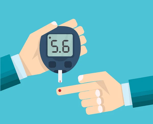 Diabetes Teste Conceito Mão Homem Glicosímetro Mede Nível Açúcar Sangue — Vetor de Stock