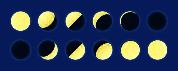 Establecer Fase Golden Moon Sobre Fondo Azul Oscuro Ilustración Vectorial — Vector de stock