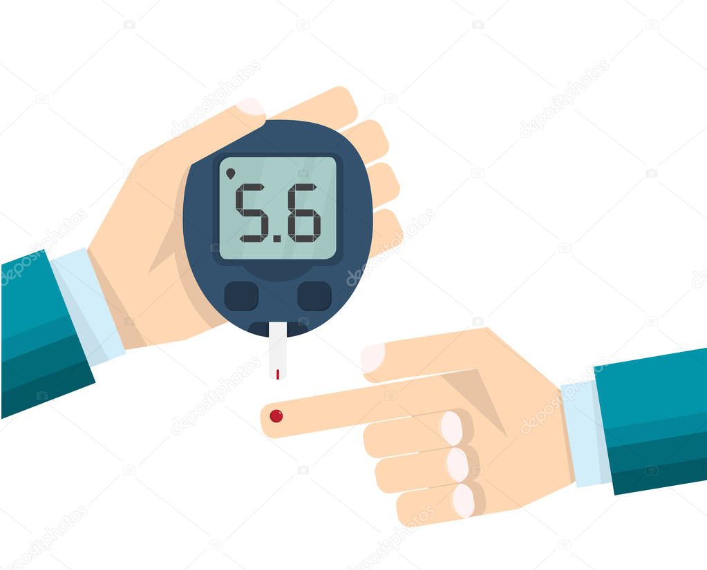 Diabetes test concept, mans hand and glucometer measures the blood sugar level. Medical blood diagnostic drop test strip. Vector illustration flat style design.
