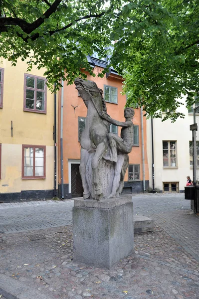 Stockholm Sverige Augusti 2018 Skulptur Ryttare Och Häst Gamla Stan — Stockfoto