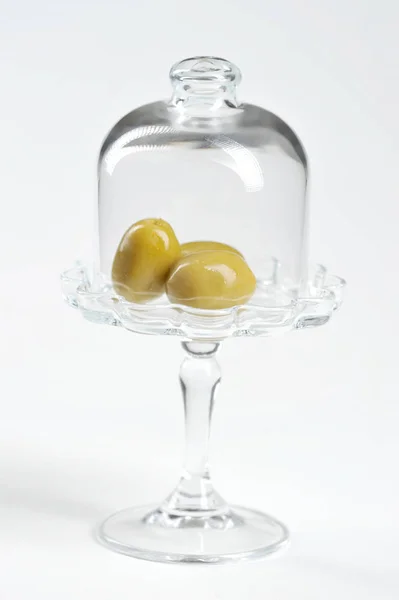 Green Olives Glass Surface Glass — Stock Photo, Image