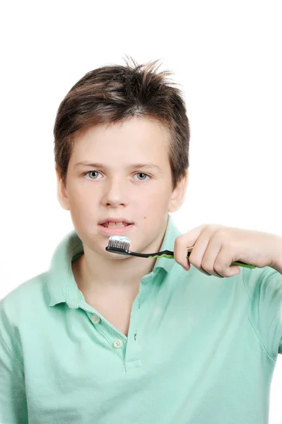 Αγόρι Μου Ετών Βουρτσίζετε Δόντια Του — Φωτογραφία Αρχείου