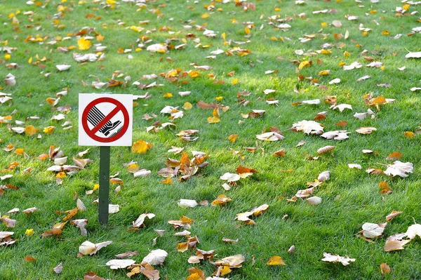 Возмутительный Знак Ходить Траве Зеленой Лужайке Кленовым Осенним Листом Абстрактный — стоковое фото