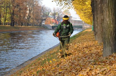 St-Petersburg, Rusya Federasyonu-18 Ekim 2018: bir işçi ile mikhailovsky park St Petersburg yakınındaki bir benzinli tırpan çim mows