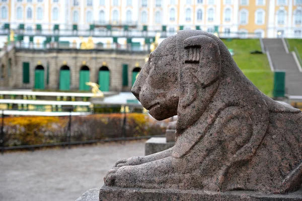 Petersburg Rusya Federasyonu Kasım 2018 Aslan Heykel Çeşmeler Peterhof Parkında — Stok fotoğraf