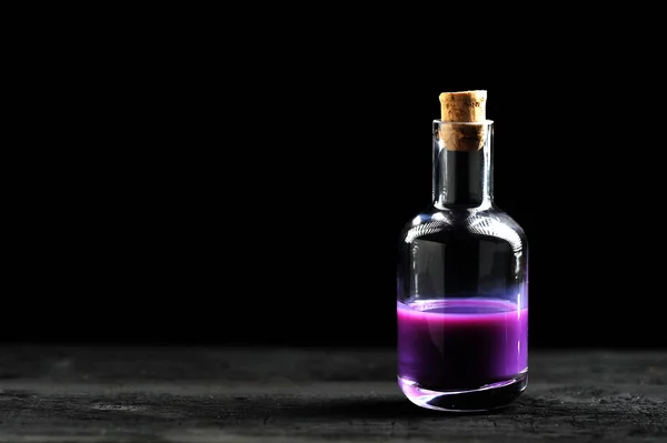 Lavender Oil Glass Bottle Dark Wooden Background Space Text Copyspace — Stock Photo, Image