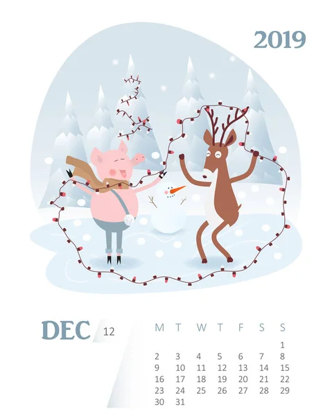 Kalendář 2019 Roztomilé Měsíc Kreslený Kalendář Prosinec Znakem Prase Ručně — Stockový vektor