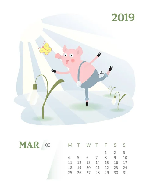 Calendario 2019 Lindo Mes Marzo Calendario Dibujos Animados Con Carácter — Archivo Imágenes Vectoriales