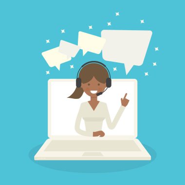 Kulaklık ve mikrofon ile bilgisayar ekranında siyah operatör gülümseyerek. Mor zemin üzerine düz vektör çizim. Merkezi kız yardımı ile mezartaşı üstünde laptop ara. Danışmanlık, iş online, internet