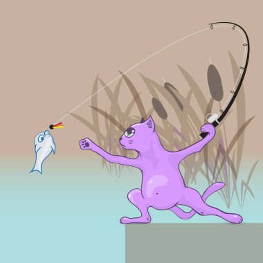 kedi balıkçı balıkçılık Balıkçılık Fly - vektör karikatür çizim