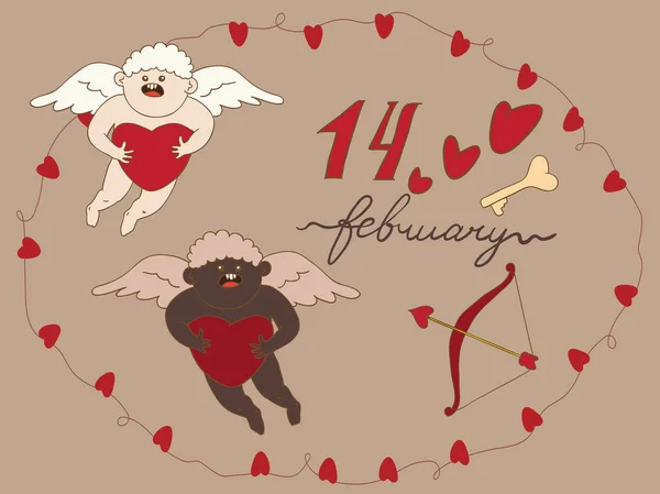 Valentinstag Grußkarte Postkarte Oder Party Einladungsvorlage Mit Schwarz Weißem Engelspaar — Stockvektor