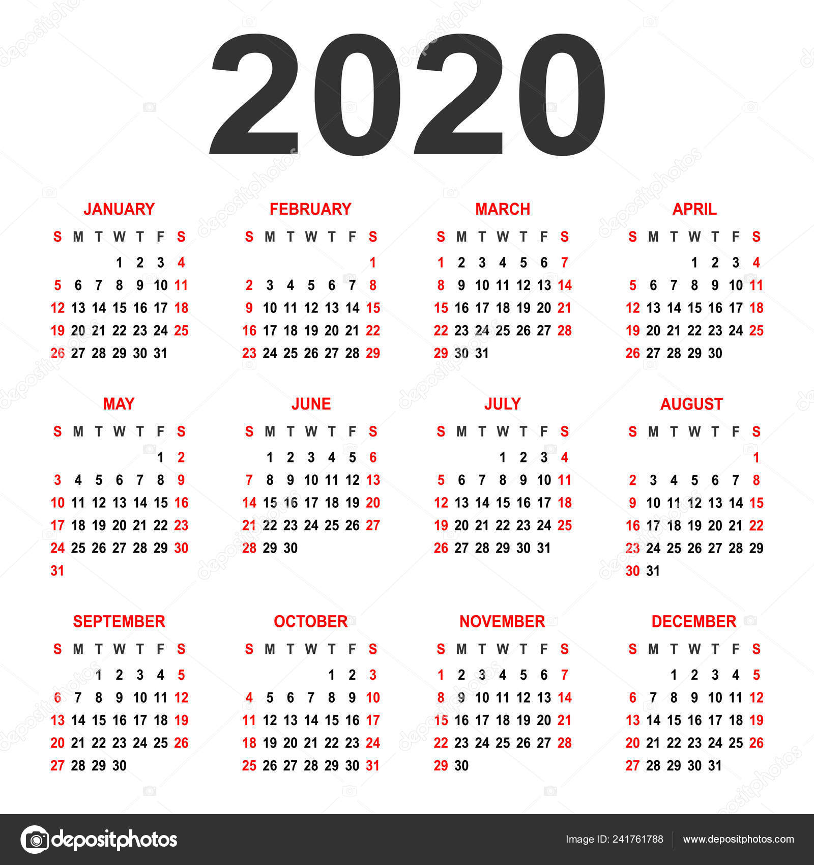 calendario 2020 semana comienza domingo red b 225 sica plantilla de calendario 2020