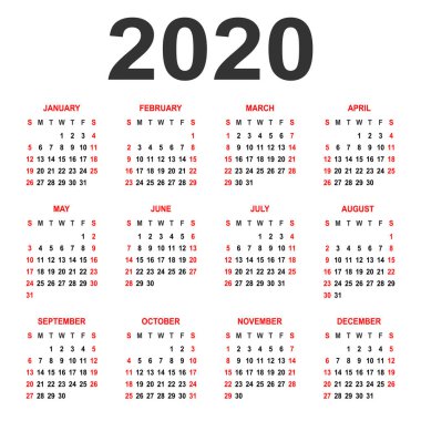 Takvim 2020. Hafta Pazar günü başlar. Temel kılavuz - yıllık takvim 2020 için şablon