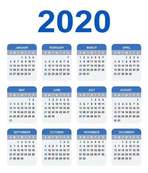 Takvim 2020 Hafta Pazar Günü Başlar Temel Mavi Kılavuz Rengi — Stok Vektör