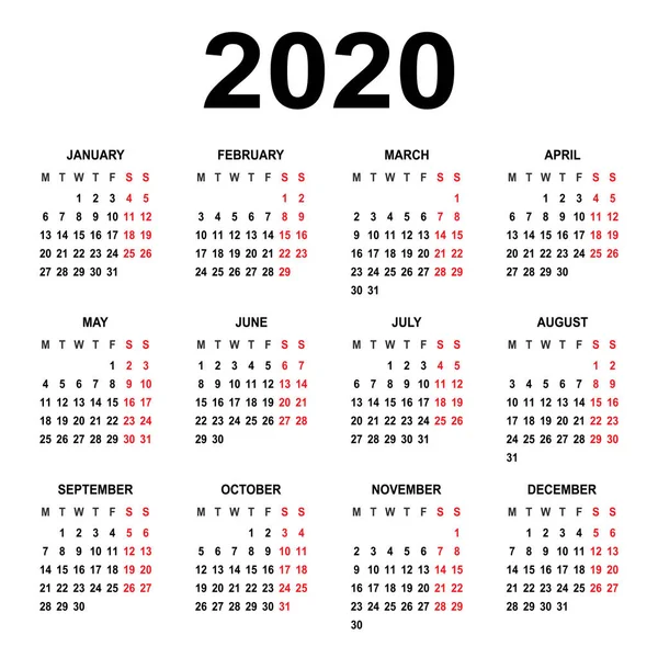 Takvim 2020 Hafta Pazartesi Günü Başlar Temel Kılavuz Yıllık Takvim — Stok Vektör