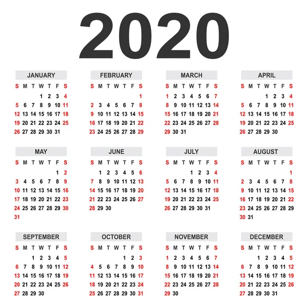 Calendar 2020 Săptămâna Începe Duminică Grila Bază Șablon Pentru Calendarul — Vector de stoc