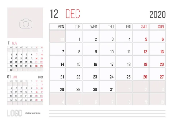 Kalendář 2020 Plánovač Firemní Šablony Design Měsíce Prosince Týden Začíná — Stockový vektor