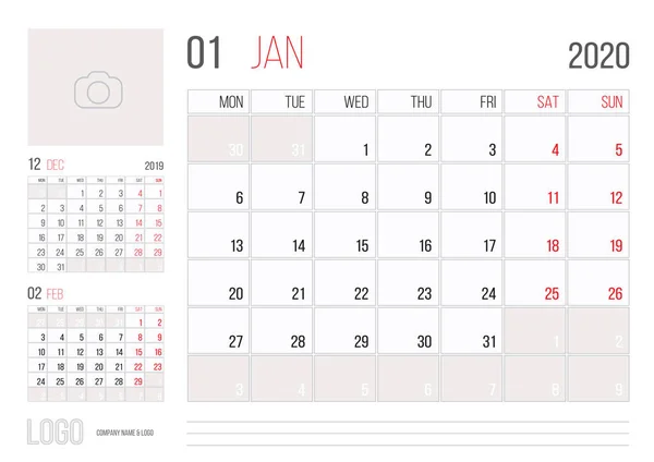 Planner Kalendarz 2020 Firmowe Szablon Projekt Miesiąca Stycznia Tydzień Rozpoczyna — Wektor stockowy