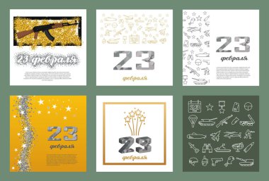 23 Şubat, poster tebrik kartları hediye erkekler için ayarla. Anavatan gün savunucusu. Askeri savunma günü kutluyoruz. Çeviri 23 Şubat