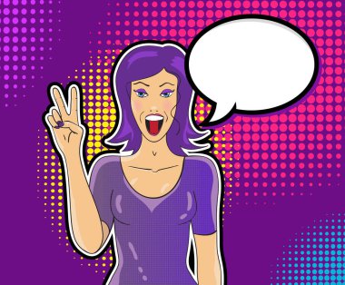 Pop art kadın gösteren zafer işareti konuşma balonu ile gülümseyen