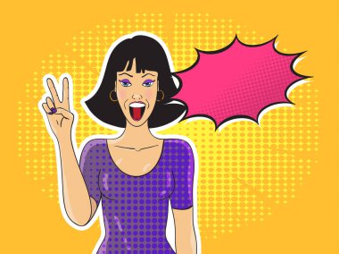 Pop art kadın gösteren zafer işareti konuşma balonu ile gülümseyen