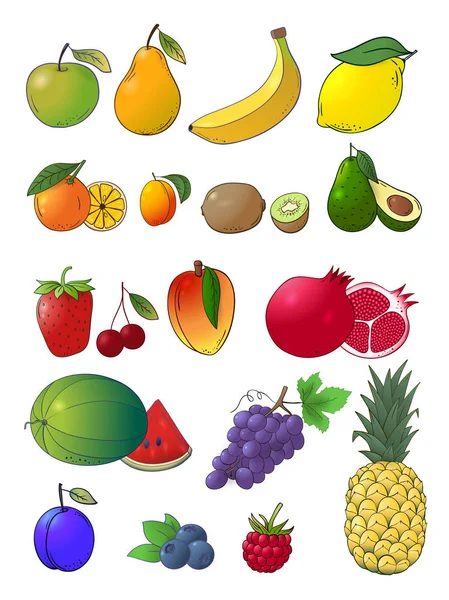 Dessin animé vectoriel croquis dessiné à la main fruits et baies icônes ensemble . — Image vectorielle