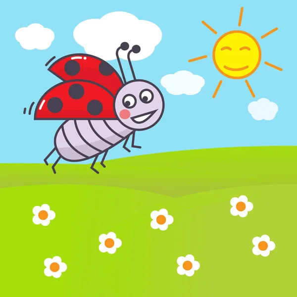 Lapos rajzfilm aranyos vicces ladybag és a sun — Stock Vector